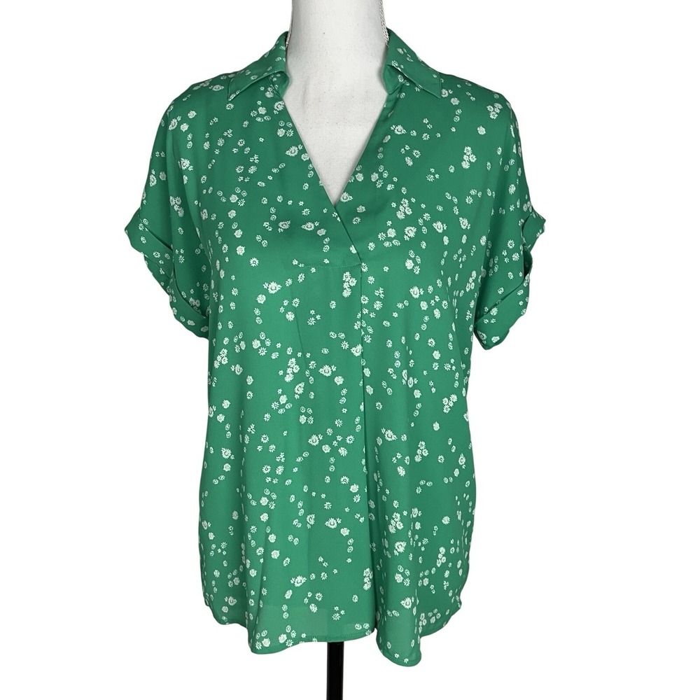 CAbi Top Womens XS Green Floral Replay Short Sleeve Cuffed High Low Blouse
